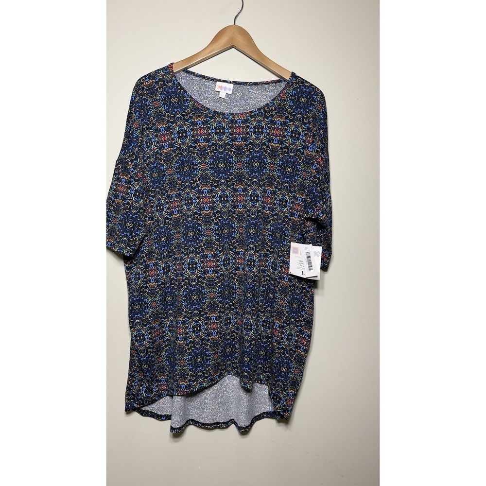 LuLaRoe Irma Tunic Top Large L Blue Kaleidoscope Medallion High Low Short Sleeve